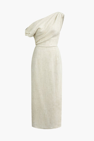 Linen Ruched Slit Midi Dress (S / BEIGE)