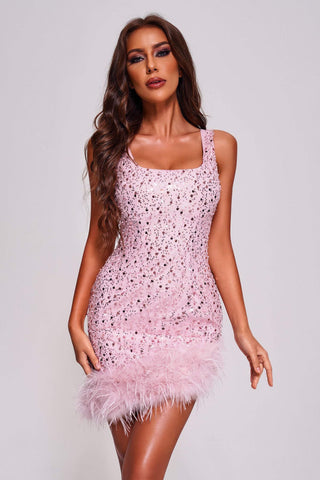 Lousia Sequin Feather Mini Dress (S / Pink)