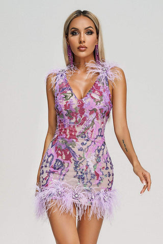 Loviy Sequin Feather Mini Dress (XS / Purple)