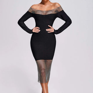 Lucica Off Shoulder Diamante Mesh Midi Bandage Dress