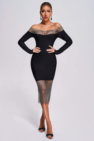 Lucica Off Shoulder Diamante Mesh Midi Bandage Dress (S / Black)