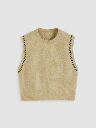 Lurex-design Round Neckline Solid Knitted Vest