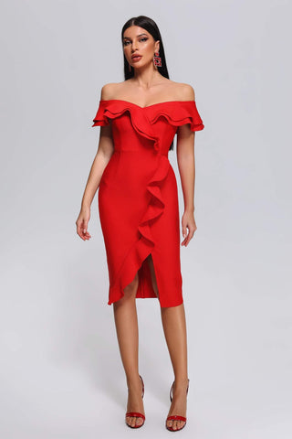 Mailys Off Shoulder Midi Bandage Dress (S / Red)