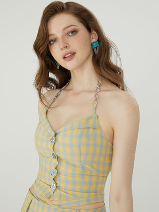 Main Event Plaid Button Up Halter Tank