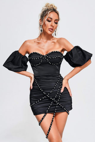 Makayah Off Shoulder Ruched Mini Dress (S / Black)