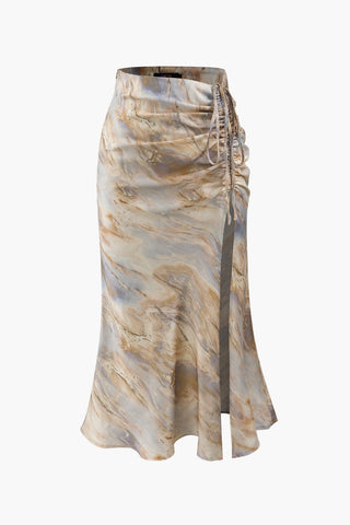 Marble Print Drawstring Slit Midi Skirt (S / MULTICOLOR)