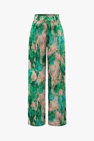 Marble Print High Waisted Full-length Straight Leg Pants (XL / GREEN)