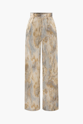 Marble Print High Waisted Full-length Straight Leg Pants (XXS / BEIGE)