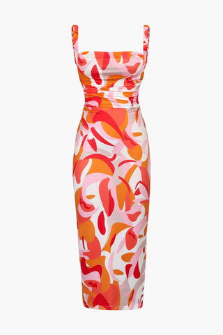 Marble Print Tie Back Midi Dress (M / ORANGE)