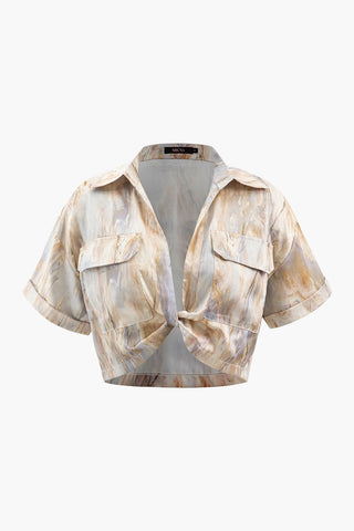 Marble Print Twist Hem Crop Shirt (L / MULTICOLOR)