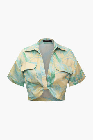 Marble Print Twist Hem Crop Shirt (M / LIME)