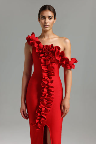 Marlina Ruffled Bandage Midi Dress (M / Red)