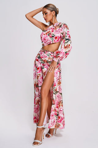 Marris Floral One Shoulder Maxi Dress (L / Pink)