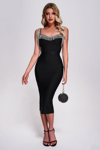 Melinda Rhinestone Midi Bandage Dress (L / Black)