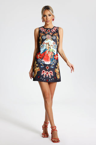 Melora Print Diamante Mini Dress (M / Black)