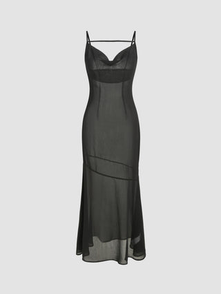 Mesh Cowl Neck Sheer Maxi Dress (M / Black)