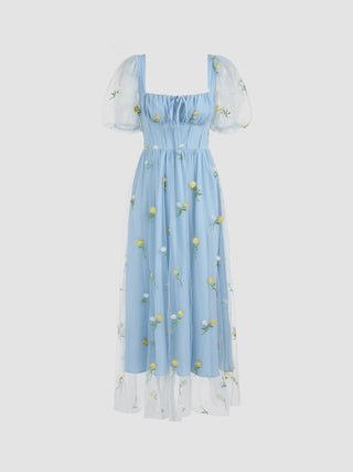 Mesh Floral Knotted Maxi Dress (S / Sky Blue)