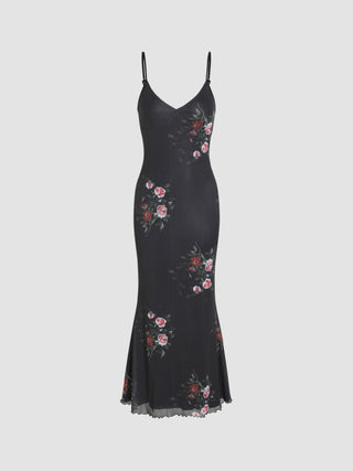 Mesh Floral Mermaid Maxi Dress (XXS / Black)