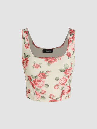 Mesh Floral Square Neck Corset Tank Top