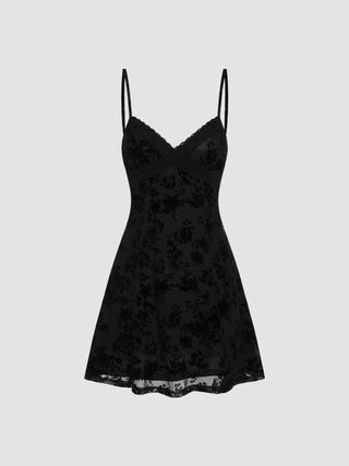 Mesh Floral V-neck Mini Dress (M / Black)