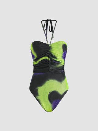 Mesh Halter Tie Dye Ruched Bodysuit