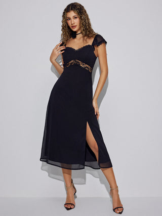 Mesh Lace Hem Split Midi Dress