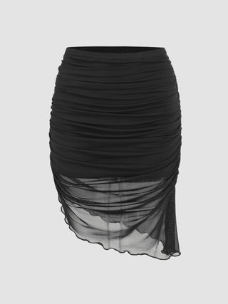 Mesh Lettuce Trim Ruched Mini Skirt