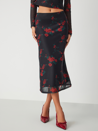 Mesh Low Waist Floral Midi Skirt