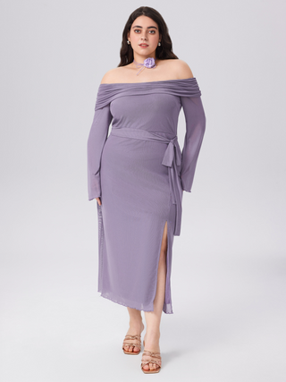 Mesh Off-shoulder Split Knotted Maxi Dress Curve & Plus