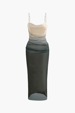 Mesh Ruched Cami Maxi Dress (M / BLUE)