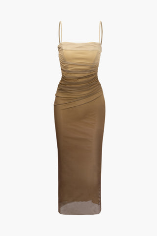 Mesh Ruched Cami Maxi Dress (XS / TAN)