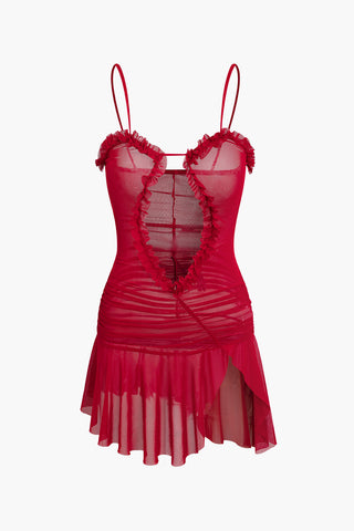 Mesh Ruched Ruffle Deep V-neck Slip Mini Dress (S / RED)