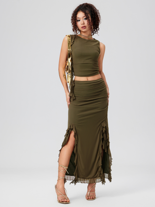 Mesh Ruffle Tank Top & Split Ruched Maxi Skirt