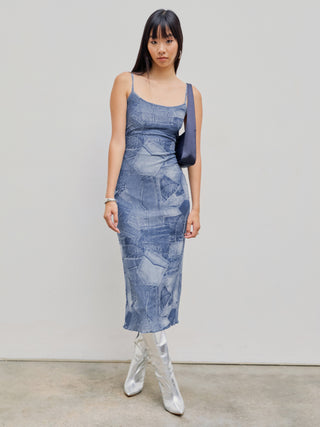 Mesh Scoop Neckline Denim Printed Ruffle Trim Cami Midi Dress