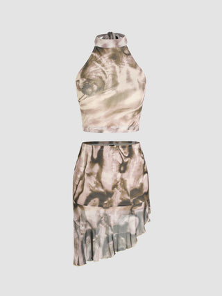 Mesh Tie Dye Halter Crop Top & Asymmetrical Ruffle Mini Skirt Matching Set