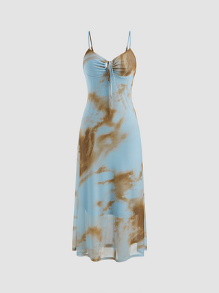 Mesh V-neck Abstract Tie Dye Maxi Dress