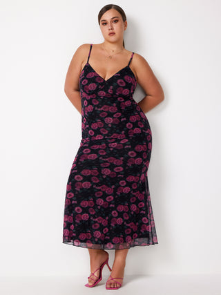 Mesh V-neck Floral Slip Maxi Dress Curve & Plus (0XL / Carmine)