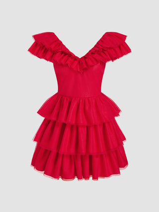 Mesh V-neck Ruffle Mini Dress