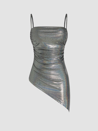 Metallic Asymmetrical Hem Bodycon Cami Top (XL / Silver)