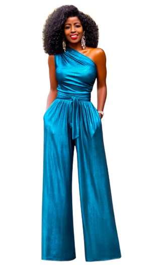 Metallic Asymmetrical Neck One-Shoulder Belted Jumpsuit