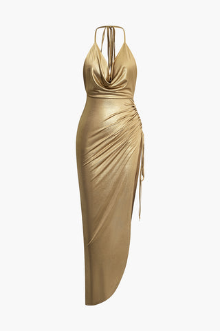 Metallic Asymmetrical Ruched Halter Midi Dress (S / PURE GOLD)