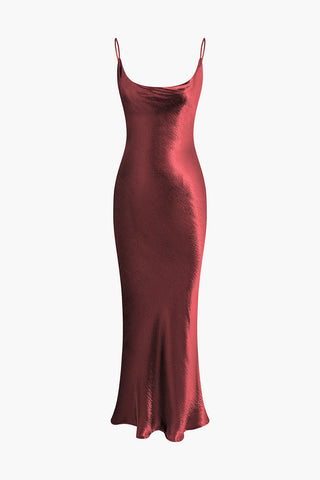 Metallic Backless Slip Mermaid Cowl Neck Maxi Dress (S / BURGUNDY)