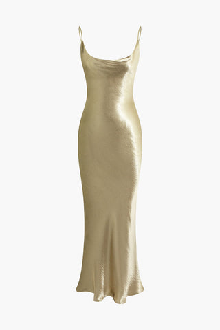 Metallic Backless Slip Mermaid Cowl Neck Maxi Dress (S / GOLD)