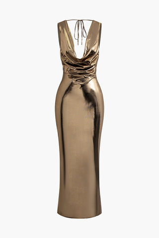 Metallic Cowl Neck Tie Backless Sleeveless Maxi Dress (S / GOLD)