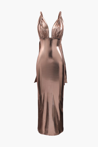 Metallic Deep V Neck Backless Slit Maxi Dress (XL / PURE GOLD)