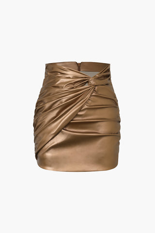 Metallic Faux Leather Knotted Mini Skirt (M / GOLD)