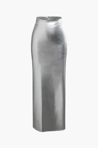 Metallic Faux Leather Slit Straight Maxi Skirt (L / SILVER)