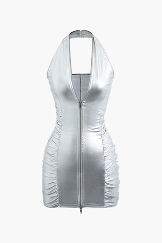 Metallic Halter Zip Up Ruched Mini Dress (L / SILVER)