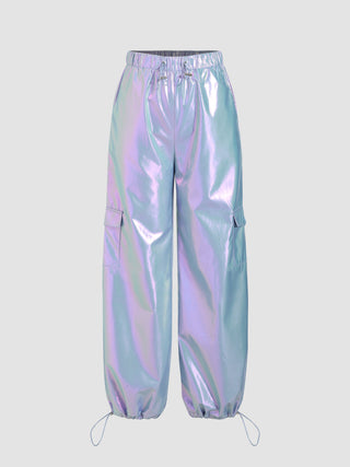 Metallic Mid Waist Parachute Cargo Pants