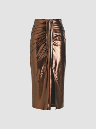 Metallic Mid Waist Split Midi Skirt (L / Brown)